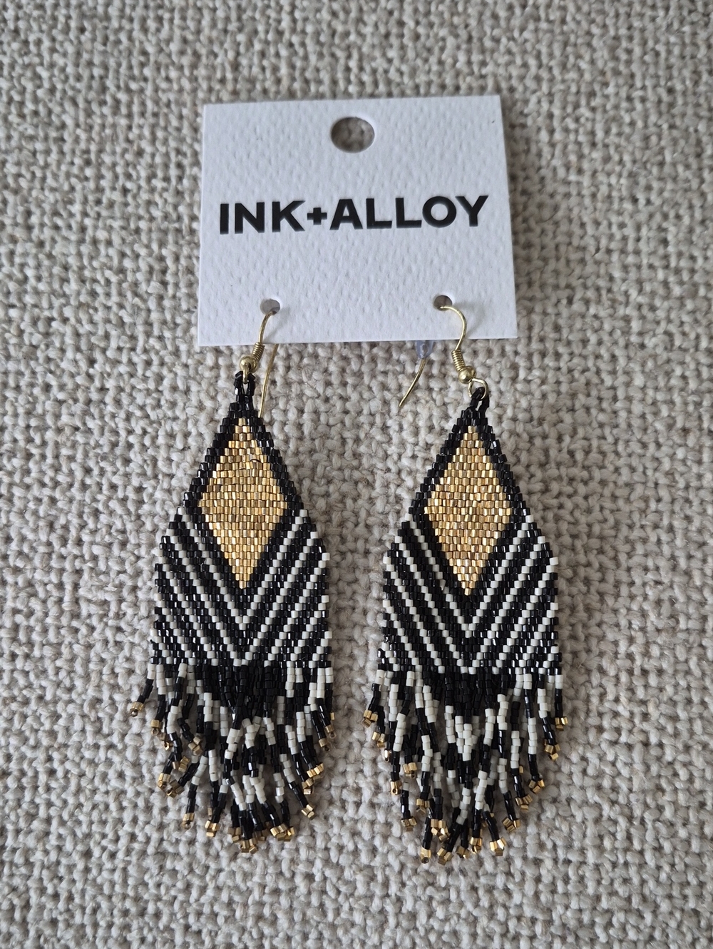 INK + ALLOY Black, White & Gold Chevron Beaded Fringe Earrings